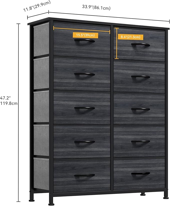 DWVO 10 Drawer Dresser - Fabric Storage Tower, Organizer Unit for Living Room, Hallway, Closets - Sturdy Steel Frame, Wooden Top & Easy Pull Fabric Bins