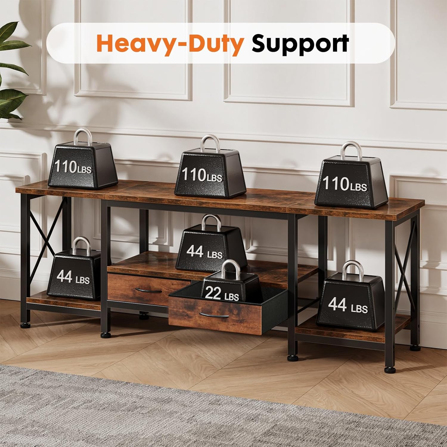 55" TV Stand with Fabric Drawers for 55/60/65 Inch TVs | TV Console Table Entertainment Center with Power Outlets & Open Storage Shelves for Living Room & Bedroom, Rustic Brown