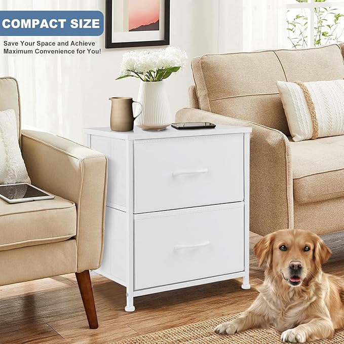 DUMOS Nightstand Small Dresser with 2 Fabric Drawers Side Tables Bedroom End Table Kids Bedside Storage Furniture for 20 inch Tall Night Stand for Closet, Entryway, College Dorm, White(2 Pack)