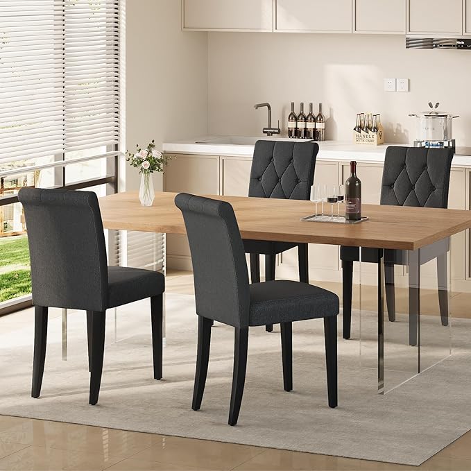 Upholstered Dining Chairs Set of 2, Button Tufted Parsons Dining Chair with Solid Wood Legs, Modern Fabric Side Chair for Dining Room/Kitchen/Restaurant/Hotel- Black