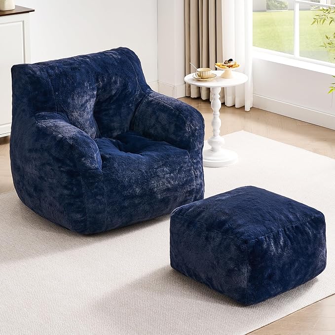 Giant Bean Bag Chairs for Adults with Ottoman, Faux Fur Boneless Chaise Couch Filler with Memory Foam,Large BeanBag Lounge Lazy Floor Sofa Accent Chair for Living Room,Bedroom & Game Rooms