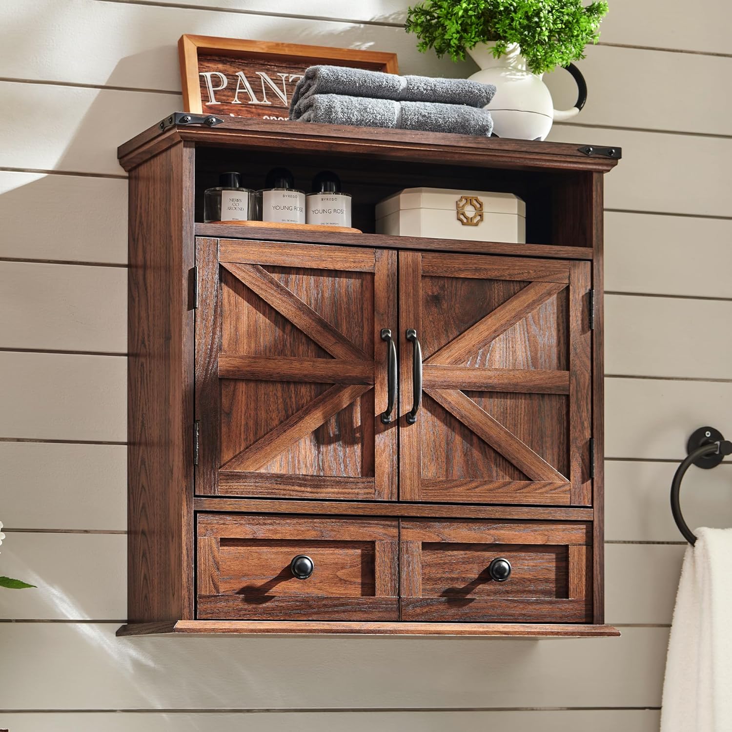 ACCOHOHO Bathroom Wall Cabinet, Farmhouse Medicine Cabinet, 24" Wide Cabinet with Drawer, Adjustable Shelf, Double Barn Doors, Storage Cabinet for Bathroom, Kitchen, Living Room, Brown