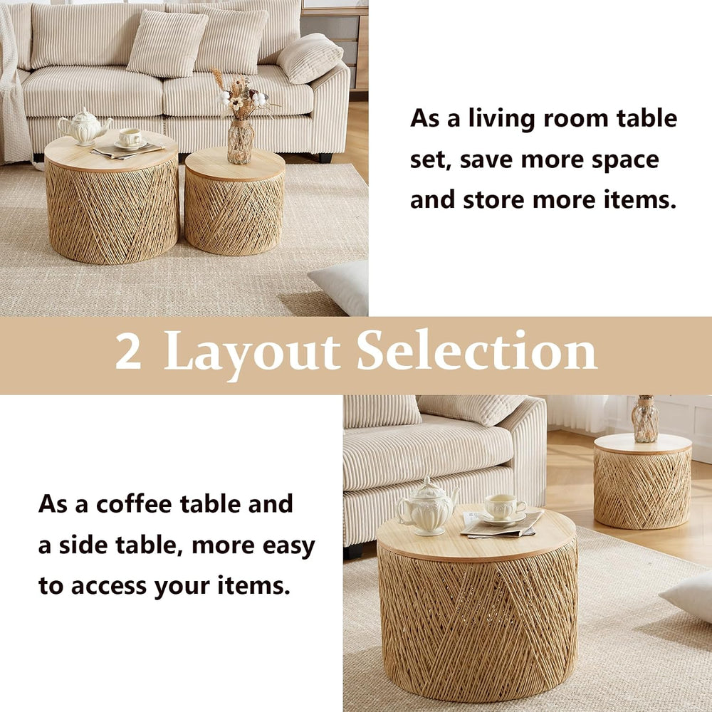 Kmax 24" Round Wood Nesting Coffee Table Set of 2 Handcraft Woven & ...