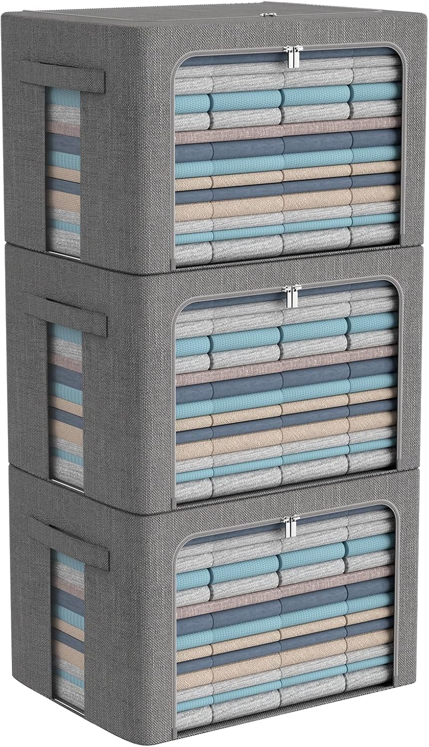 CYhom 3Pack Foldable Storage Bins - Frame Storage Box Linen Fabric Stackable Clothes Container Organizer with Clear Window & Carry Handles Large Capacity (Large-66L, Dark Gray)