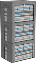 CYhom 3Pack Foldable Storage Bins - Frame Storage Box Linen Fabric Stackable Clothes Container Organizer with Clear Window & Carry Handles Large Capacity (Large-66L, Dark Gray)