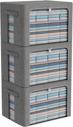 CYhom 3Pack Foldable Storage Bins - Frame Storage Box Linen Fabric Stackable Clothes Container Organizer with Clear Window & Carry Handles Large Capacity (Large-66L, Dark Gray)