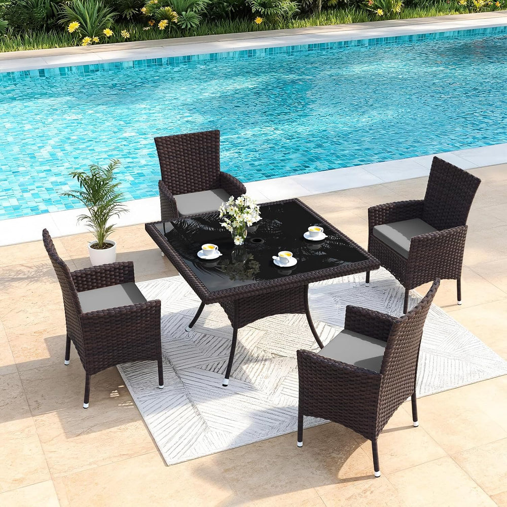 Gotland 5 Piece Outdoor Dining Set, All-Weather Rattan Patio Furniture Set wi...