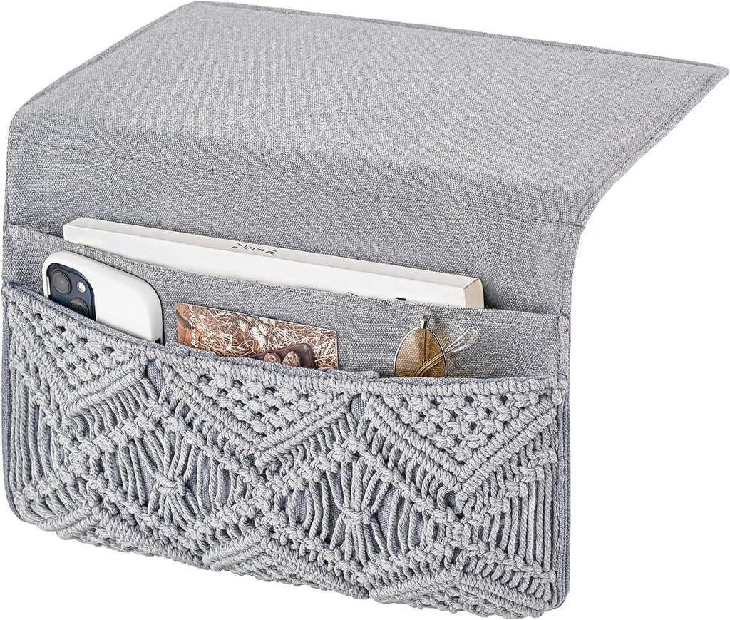 Mkono Macrame Bedside Caddy Storage Organizer Boho Remote Control Tablet Magazine Holder with 4 Pockets Non-slip Countertop Bedside Caddy for Home Bedroom Living Room College Dorm Bed, Grey