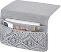 Mkono Macrame Bedside Caddy Storage Organizer Boho Remote Control Tablet Magazine Holder with 4 Pockets Non-slip Countertop Bedside Caddy for Home Bedroom Living Room College Dorm Bed, Grey