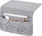 Mkono Macrame Bedside Caddy Storage Organizer Boho Remote Control Tablet Magazine Holder with 4 Pockets Non-slip Countertop Bedside Caddy for Home Bedroom Living Room College Dorm Bed, Grey