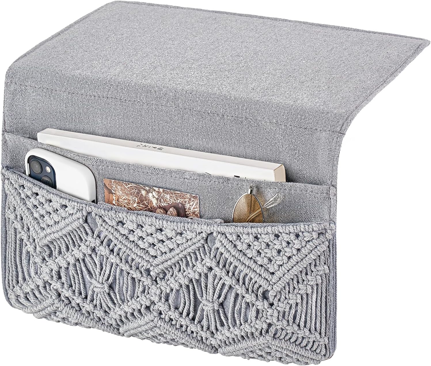 Mkono Macrame Bedside Caddy Storage Organizer Boho Remote Control Tablet Magazine Holder with 4 Pockets Non-slip Countertop Bedside Caddy for Home Bedroom Living Room College Dorm Bed, Grey