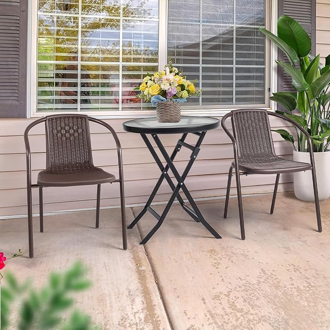 VINGLI Plastic Stackable Patio Chairs, Set of 4, Brown