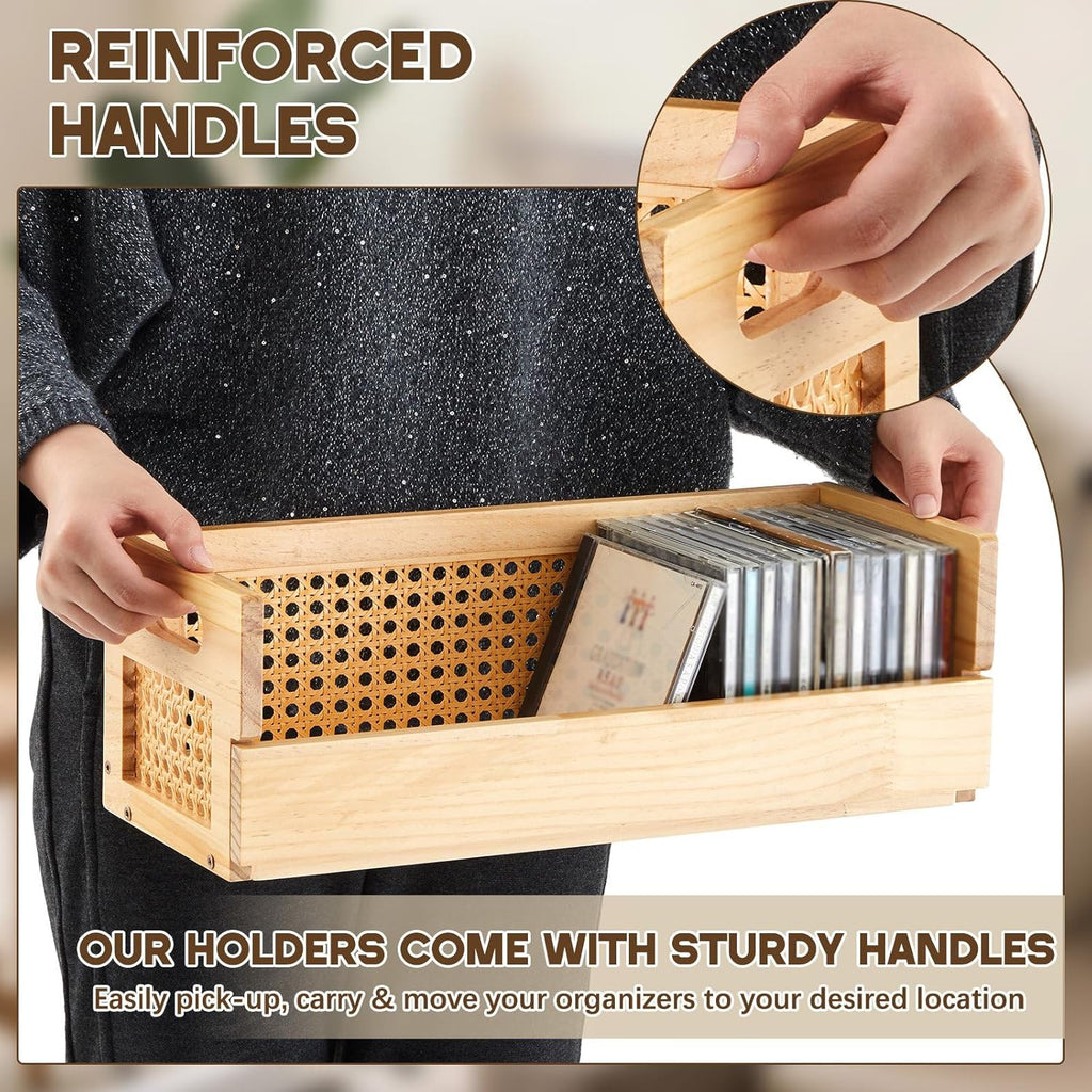 CroBlissful 2 Set Wooden CD Storage Box Holder Shelf with Carrying Handles, Rattan Design Cassette Tape Display Racks Organizer Shelf for Movie Cases, DVDs, Each Set Can Store up to 36 Pcs CDs