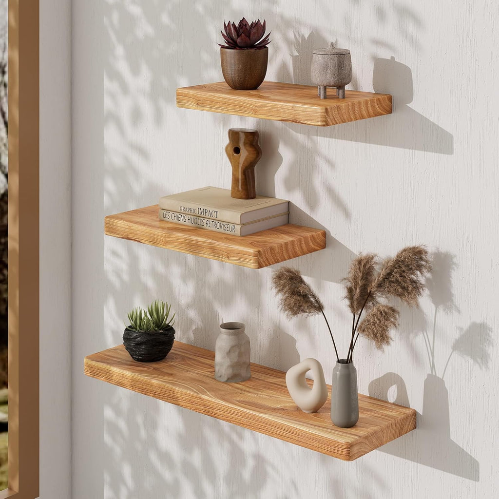 Fun Memories Rustic Solid Elm Wood Floating Shelves, 16" W x 8" D Floating Shelf Wall Mounted, 8 Inch Deep Wall Shelves, Wooden Bathroom Shelf for Home, Deep Bookshelf for Living Room, Set of 2