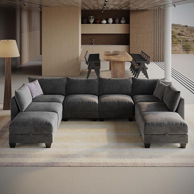 124" Modular Sectional Sofa, Modern Linen U-Shaped 8 Seater Sectional Sofa with Storage Ottoman & USB Ports, L-Shaped Cloud Couch Grey Sectional Couch for Living Room(Grey)