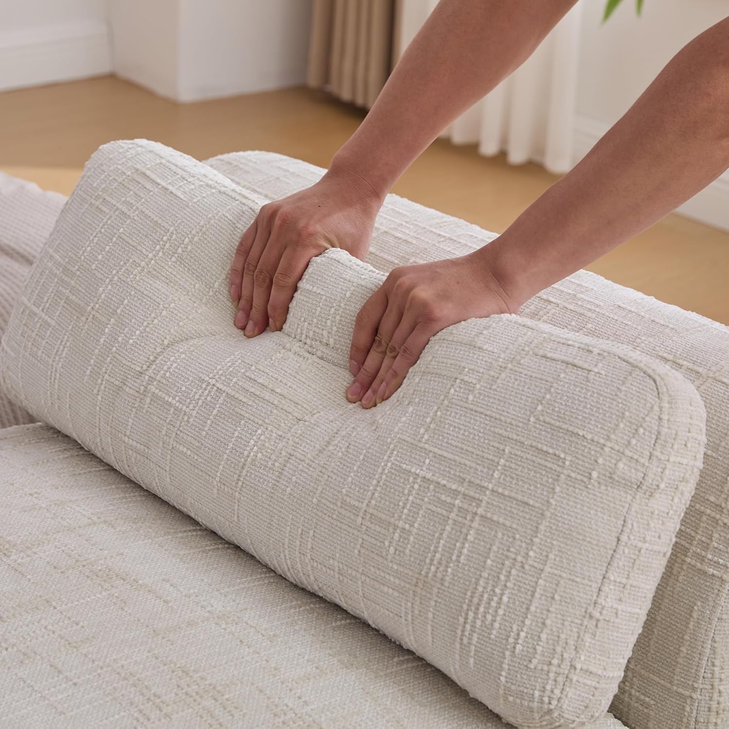 mikibama 83.1" Extra Long Ottoman Bench for Bedroom,Oversized Chenille Upholstered Chaise Lounge Sofa Benches,Modern End of Bed Bench with Arms,Lounger Daybed Couch with Pillows (Beige)