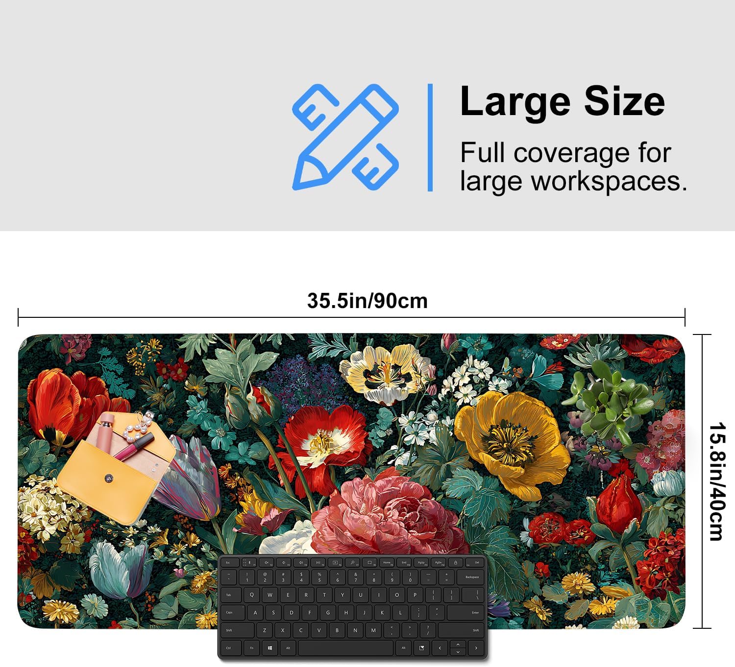 Vintage Oil Painting Floral Mouse Pad – Large Extended Desk Mat 35.43 x 15.75 in – Baroque Style Botanical Design,Oversized Mouse & Keyboard Pad for Art Lovers