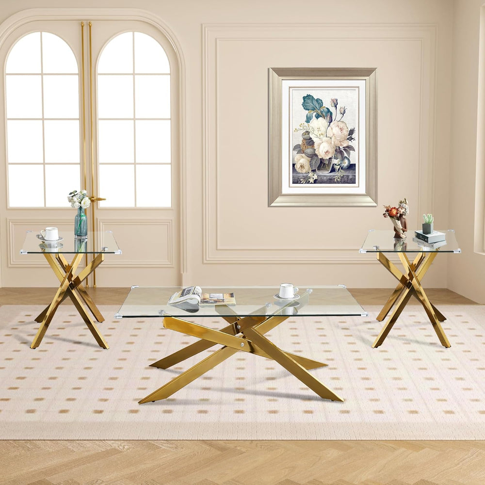 AF ARTISAN FURNITURE Gold Glass Coffee Table and End Table Set of 3, Coffee T...