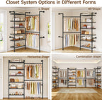 L2 Wall Mounted Closet System, Industrial Pipe Clothing Rack Clothes Racks with 2 Telescopic Rod & 6 Shelves, Heavy Duty Closet Organizers System in Wardrobe Closet, Black