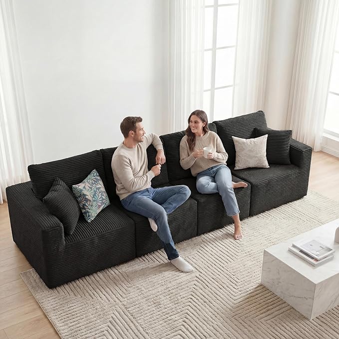 Homall Sectional Couches for Living Room, Modern Boneless Couch with Deep Seat, Upholstered Cloud Sofa, No Assembly Required (Black, Four-Seater Sofa)