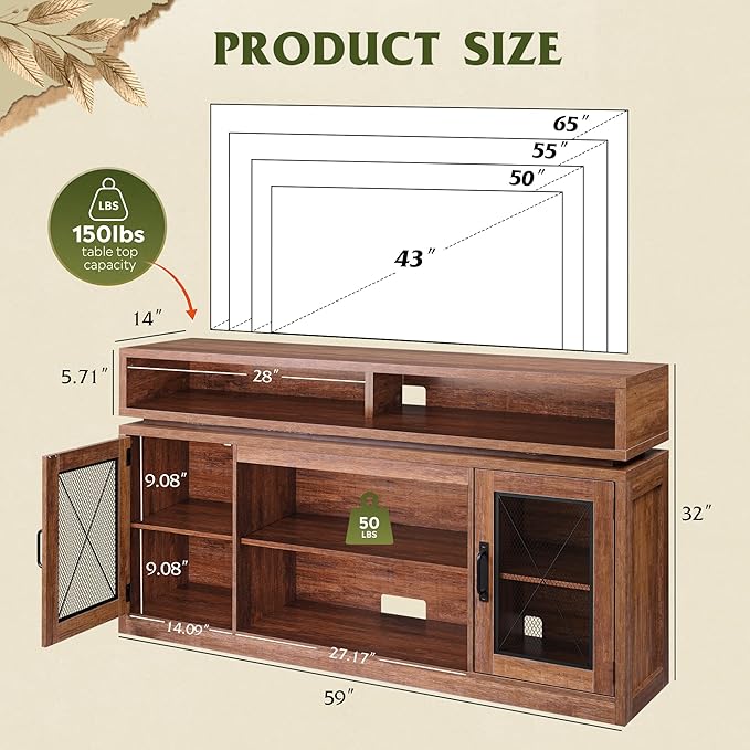 WLIVE Farmhouse TV Stand for TVs Up to 65 Inches, Tall Entertainment Center with Storage Cabinets & LED Lights, Media Console for Living Room, Bedroom, Home Theater, Rustic Brown