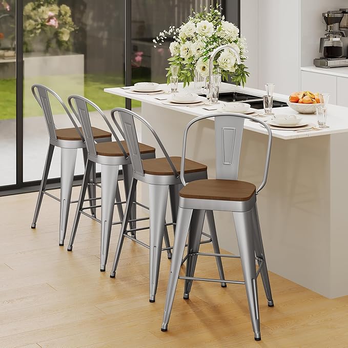 Andeworld Metal Bar Stools Set of 4, 24 inch Counter Height Barstools with Backs Farmhouse Modern High Back Bar Stools with Larger Seat Kitchen Dining Bar Chairs,Silver