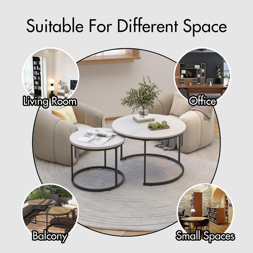 Small Round Nesting Coffee Table Set of 2 for Living Room, Modern Wood Marble...