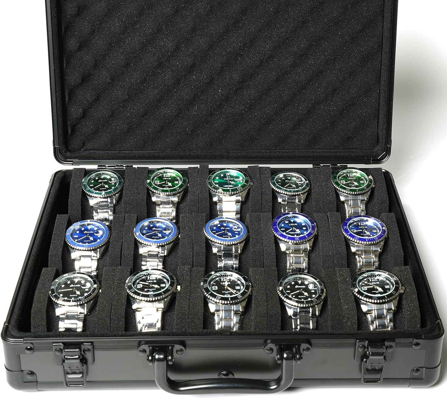 15 slots Watch organizer Case, Aluminum watch storage box, hard watch travel box, padded case for watch display and organization