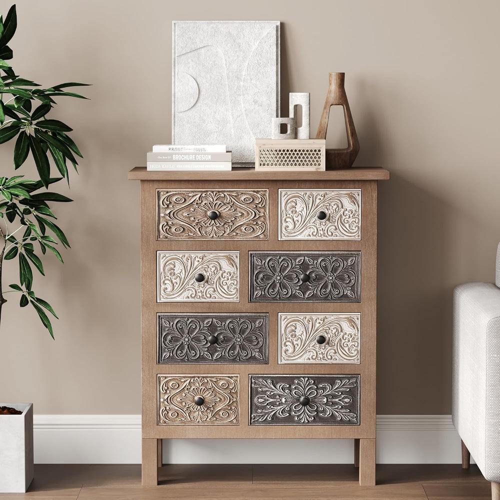 COSIEST 8-Drawer Boho Accent Cabinet, Hand-Carved Wood, Fully Assembled