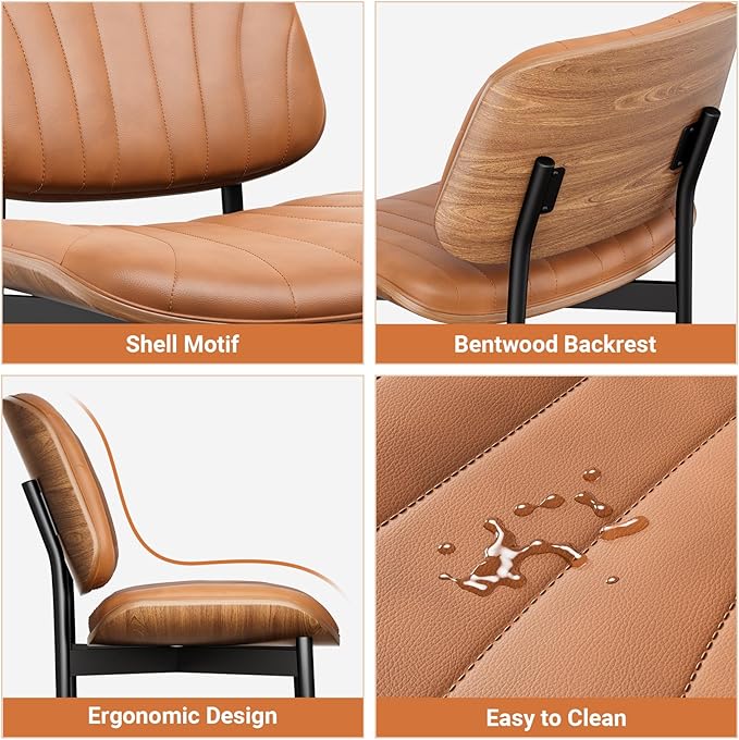 Dining Chairs Set of 2, Dining Room and Kitchen Chairs, Mid Century Modern Accent Chair, Upholstered PU Leather Chairs for Vanity with Walnut Bentwood and Metal Legs, Light Tan