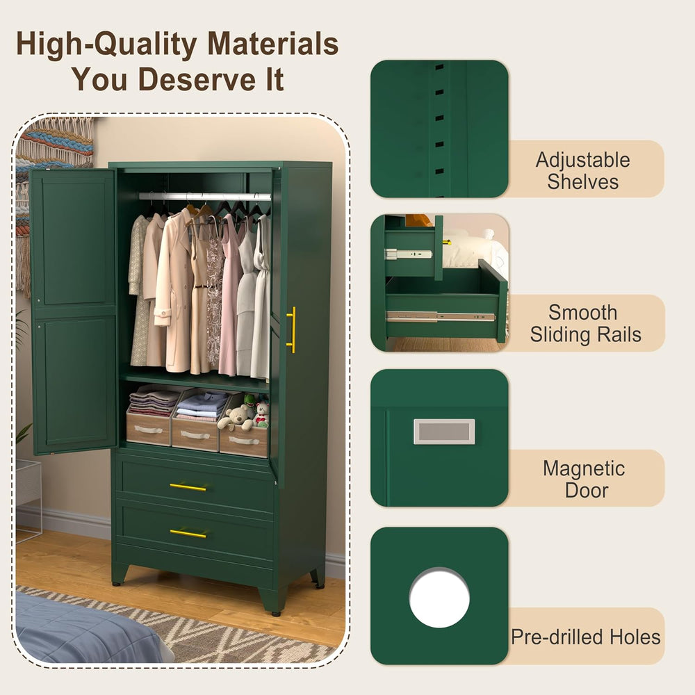 Metal Armoire Wardrobe Closet Cabinet with Hanging Rod, 2 Drawers