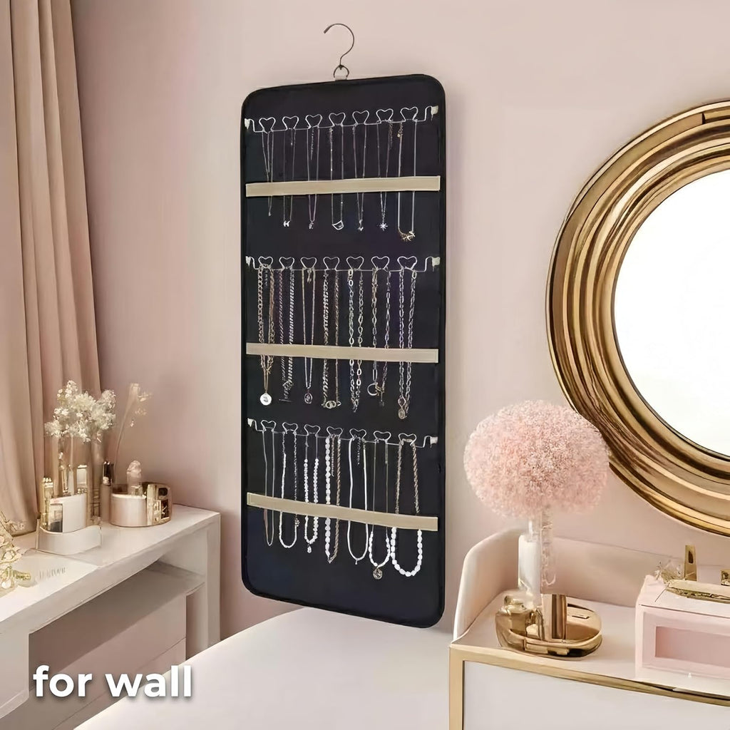 Hanging Jewelry Organizer, Dual-Sided Necklace Holder with Multiple Clear Pockets - Wall Mount & Over The Door Closet Storage for Earrings, Rings, Bracelets - 360° Rotating Hanger (1, Black, XL)