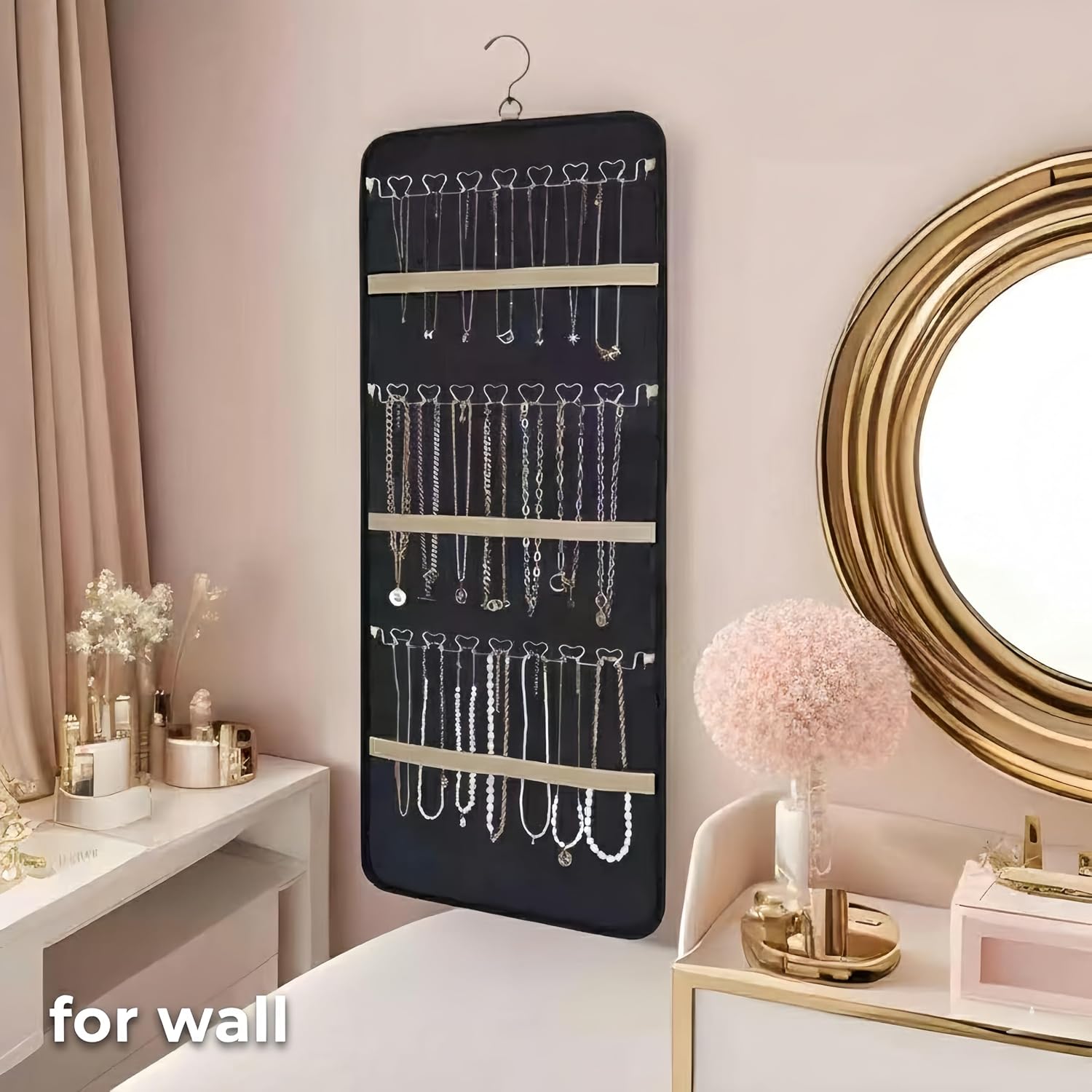 Hanging Jewelry Organizer, Dual-Sided Necklace Holder with Multiple Clear Pockets - Wall Mount & Over The Door Closet Storage for Earrings, Rings, Bracelets - 360° Rotating Hanger (1, Black, XL)