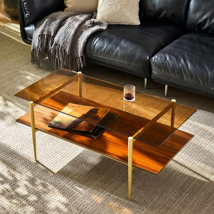Saint Mossi Tadio Double Layer Glass Coffee Table for Living Room, Brown Glass & Coffee Brown MDF Bottom Shelf