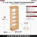 Rev-A-Shelf 6"W x 33"H Pull Out Quad Shelf Organizer for Wall & Base Kitchen Cabinets, Full Extension Filler Spice Rack, Adjustable, Wood, 432-WF33-6C