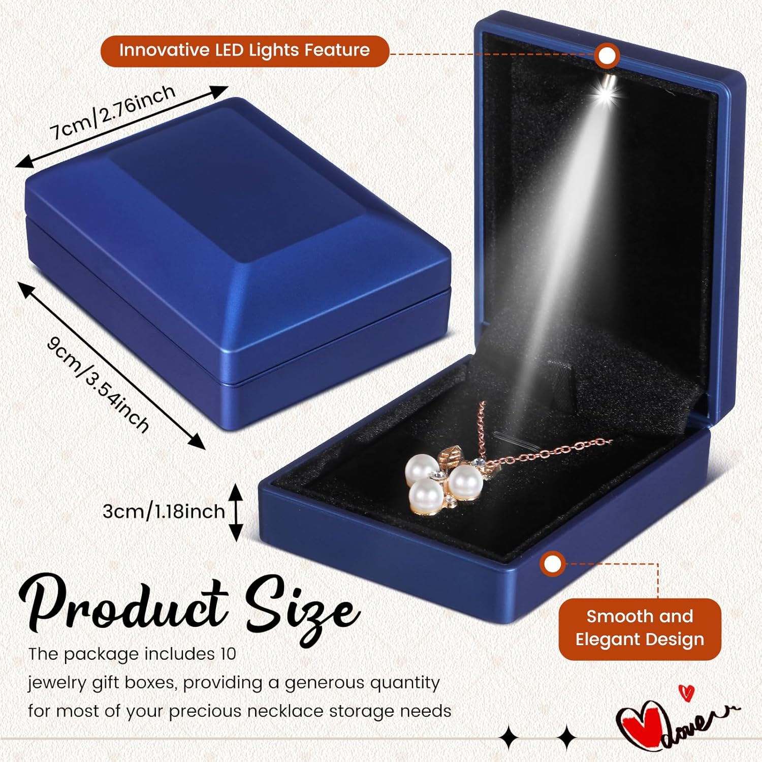 Landical 10 Pcs Pendant Necklace Box with LED Light Velvet Necklace Case for Pendant Bracelet Ring Earring, Jewelry Storage(Blue)