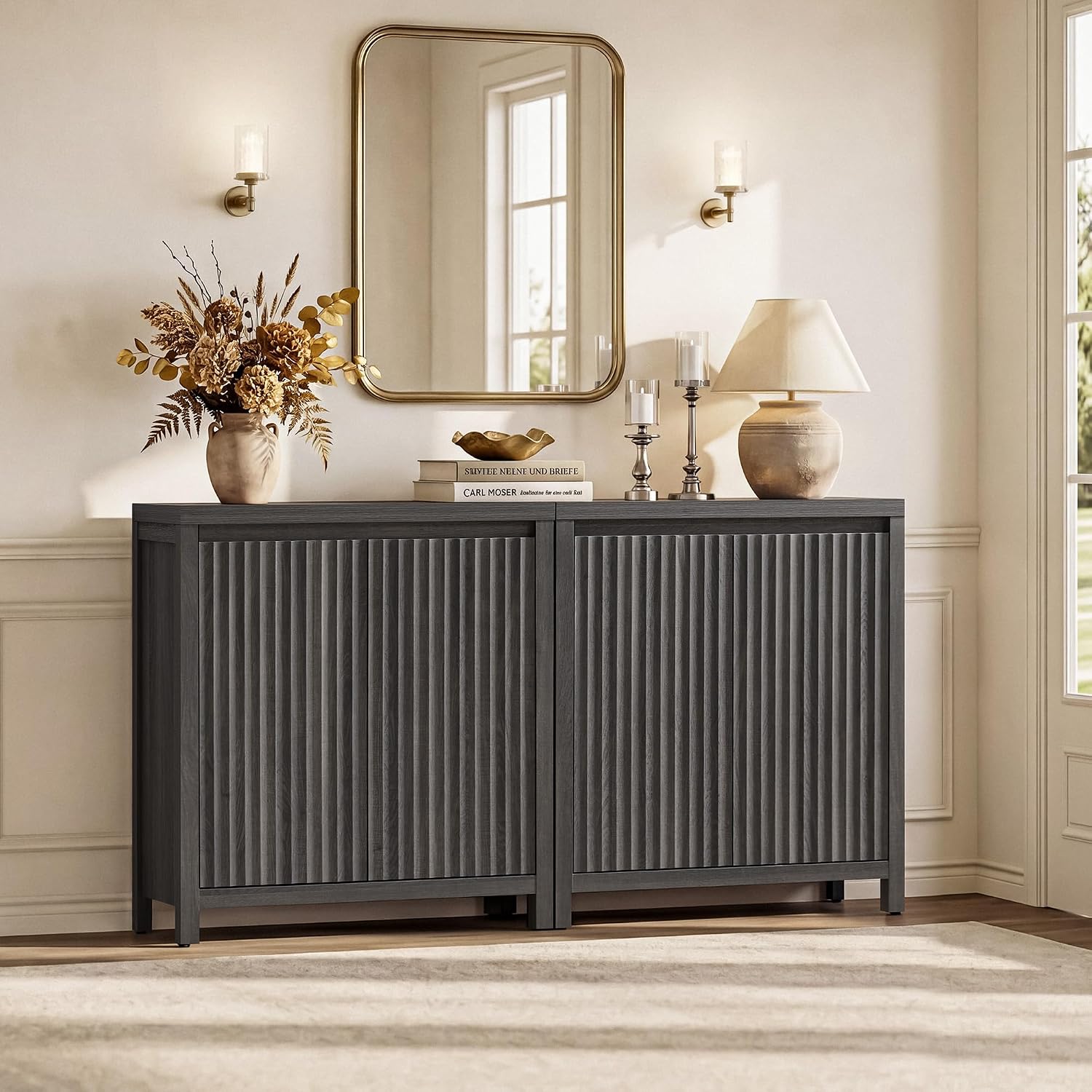 SICOTAS Sideboard Buffet Cabinet with Storage, Fluted Credenza Buffet Table | Console Cabinet with Adjustable Shelves, Modern Coffee Bar Storage Cabinet for Kitchen, Living Room, Black Oak, 2 PCS
