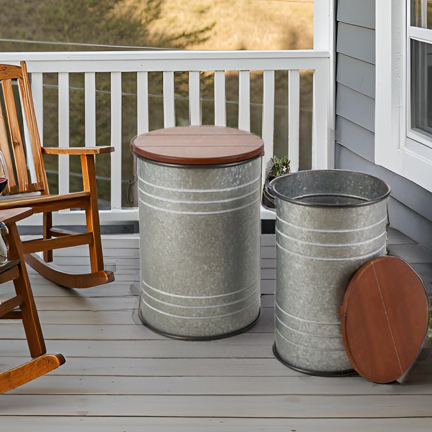 Glitzhome Nesting Tables for Living Room, Round Coffee Tables Set of 2, Metal Farmhouse Small Accent End Table with Storage and Lid for Bedroom Office Plant Stander, Grey