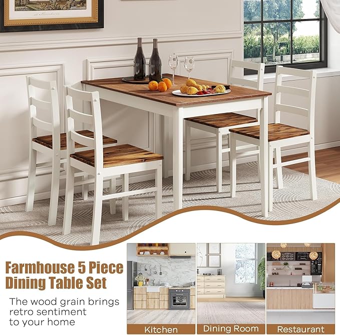 NAFORT Dining Table Set for 4, Solid Wood Kitchen Table and Chairs, Farmhouse Dinette Set w/Apron, Rubber Wood Legs, Mid-Century Modern Dining Room Table and 4 Chairs for Kitchen, Restaurant
