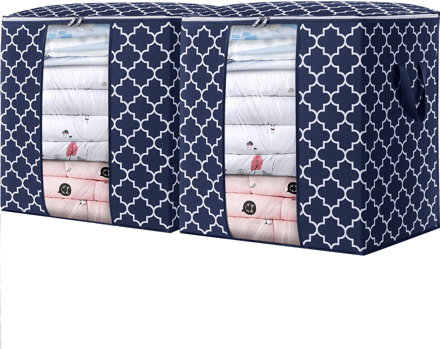 WISELIFE Storage Bags 2 Pack/100L Large Blanket Clothes Organization and Storage Containers for Comforters,Bedding, Foldable Organizer with Reinforced Handle, Clear Window, Sturdy Zippers,Blue