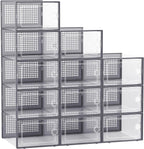 Kuject Large Shoe Organizers Storage Boxes for Closet, 12 Pack Clear Plastic Stackable Storage Bins with Lids, Under Bed Shoe Containers for Entryway, Drop Front, Fit up to Women's Size 10,Dark Gray