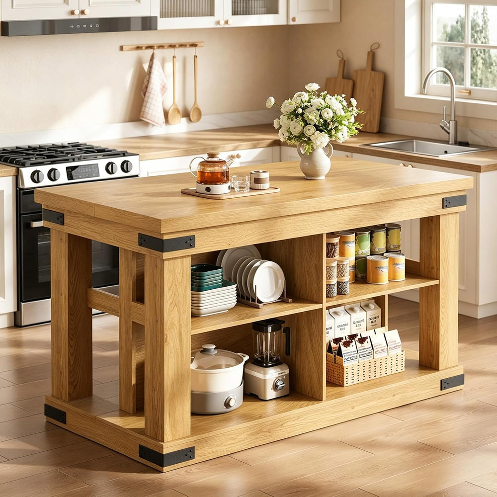 Viviwood 55" Kitchen Island with Storage and Seating, Farmhouse Wood Sta...