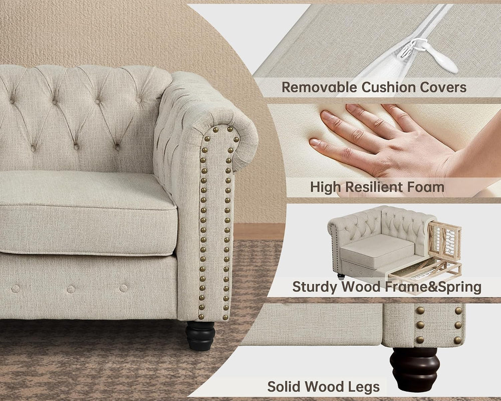 Morden Fort 3 Piece Classic Chesterfield 6-Seater Set, Tufted Chair & Lov...