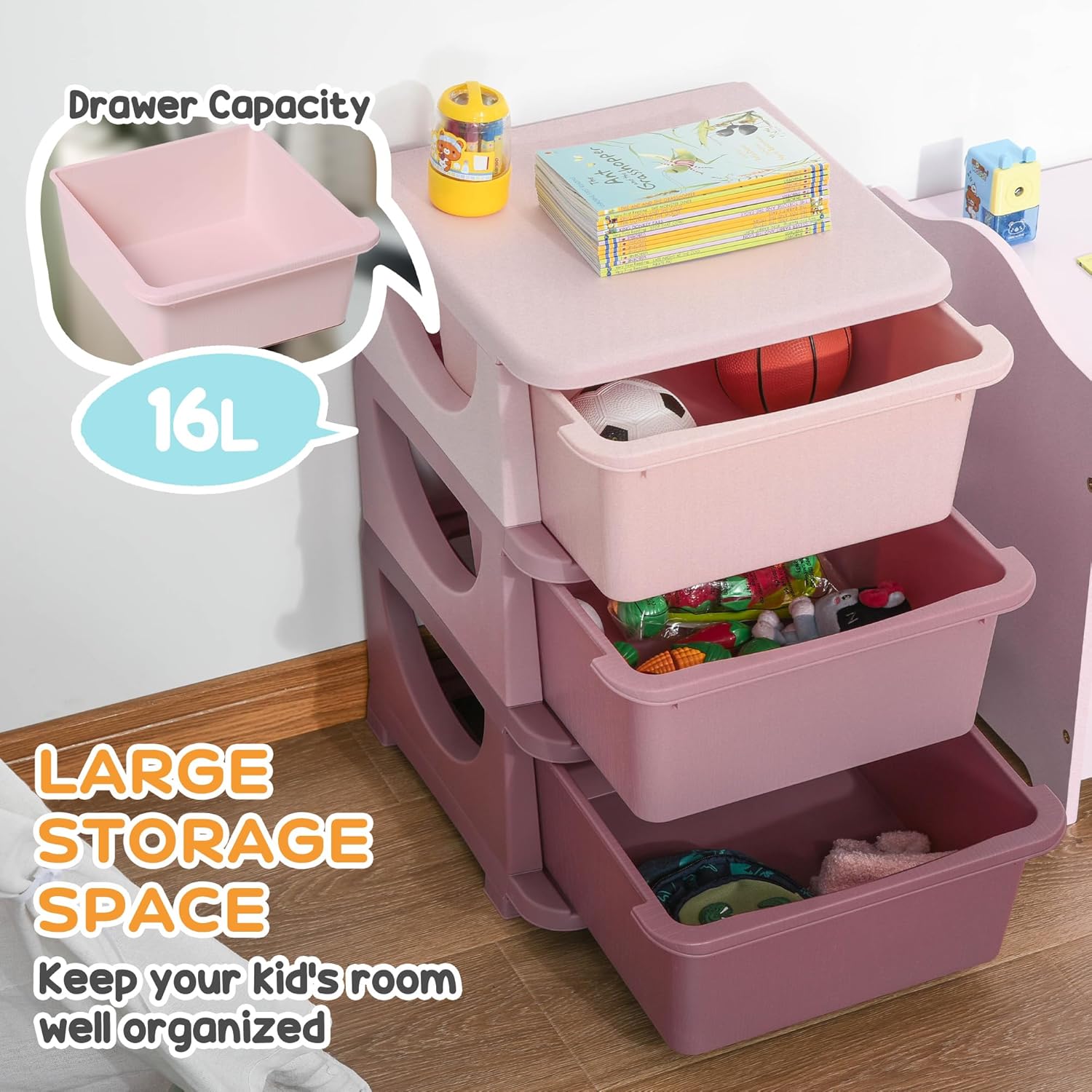 Qaba 3 Tier Kids Storage Unit, 3 Drawer Chest Toy Organizer Plastic Bins for Kids Bedroom Nursery Kindergarten Living Room for Boys Girls Toddlers, Pink