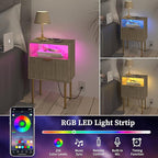 Modern Nightstand with Charging Station and LED Lights, White Bedside Table with Drawer, Fluted Side Table for Living Room, Bedroom