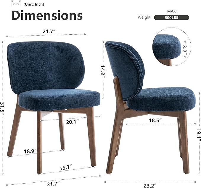 YOUNIKE Dining Chairs Set of 4 Mid Century Modern Kitchen Chair with Back Boucle Fabric Upholstered Armless Chair 20" Wide Padded Seat with Wooden Legs for Kitchen Dining Living Room Bedroom Navy Blue