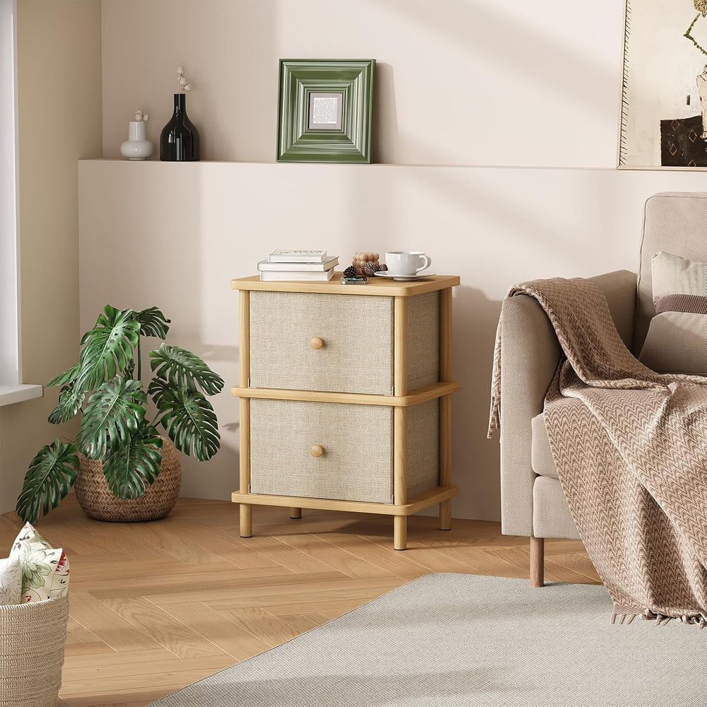 Apicizon Nightstand with 2 Storage Drawers, Boho Side Table with Solid Wood L...