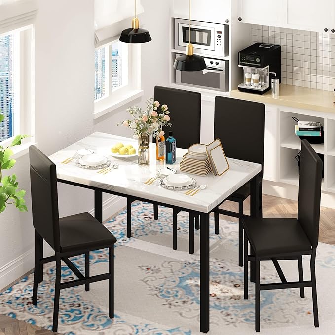 Hooseng Dining Table Set for 4, Modern Faux Marble Kitchen Table with 4 PU Leather Chairs, 5 Piece Dining Room Sets for Dinette, Breakfast Nook, Black