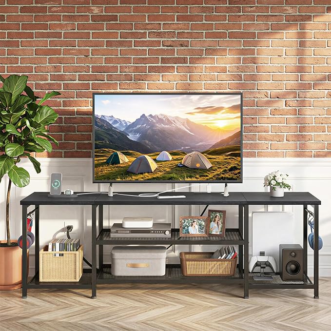 YGEOMER TV Stand for Up to 75 Inch TVs, Entertainment Center with Power Outlet and Open Storage Shelves, TV Media Console Table for Living Room and Bedroom, Black