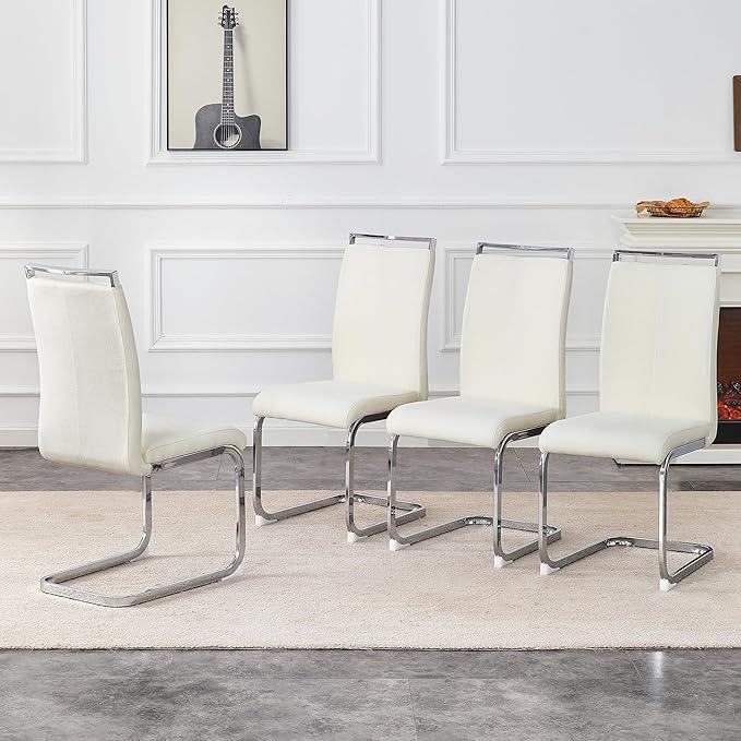 AZmac Modern Dining Chairs Set of 4,Armless Kitchen Chairs,Dining Room Chairs with Upholstered Padded Seat and Sturdy Silver Chrome Legs for Dining Room,Kitchen (White Fabric, Set of 4)